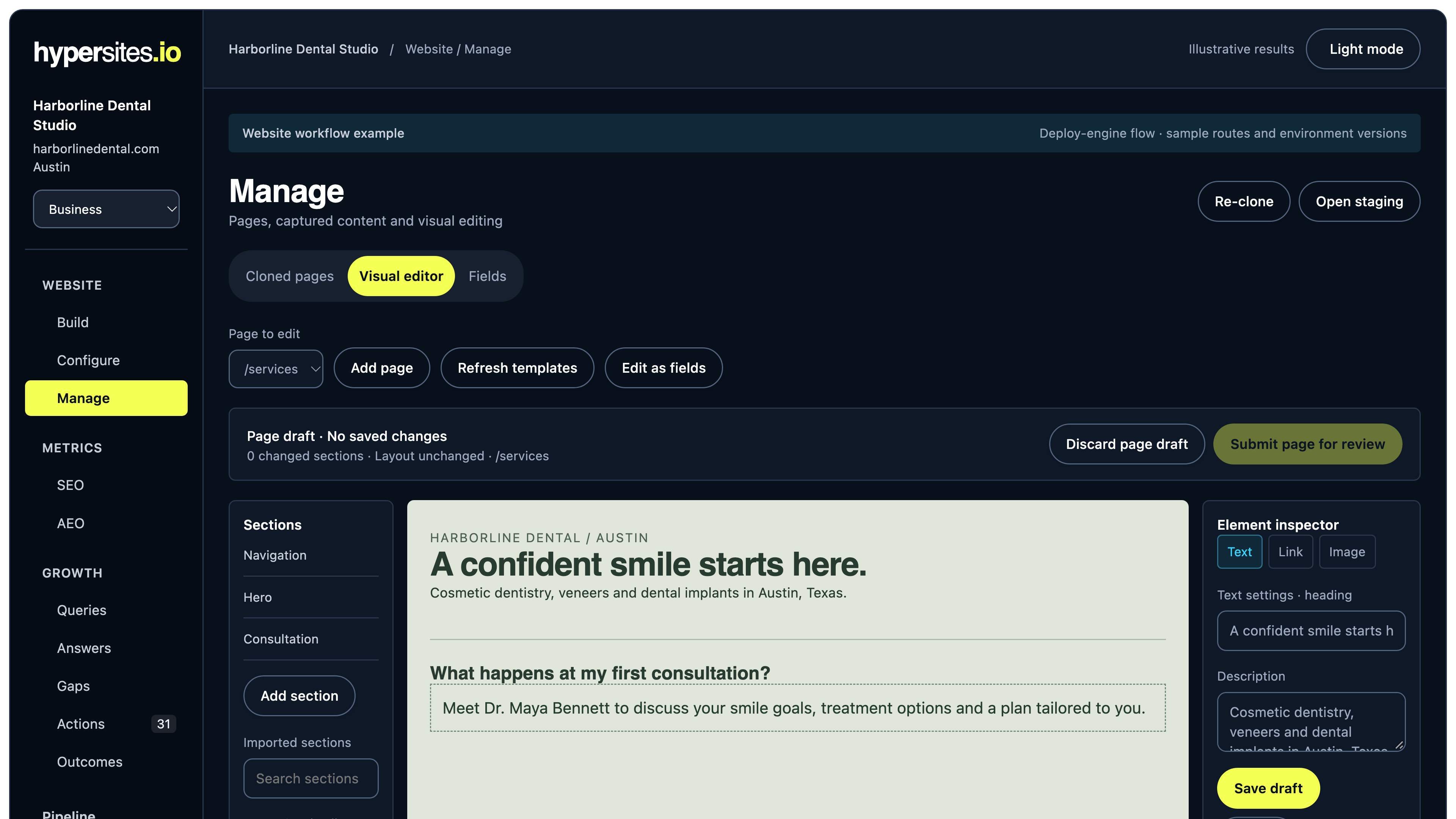 Harborline Dental Studio in Austin, Texas: illustrative website editor with dental page preview and element controls